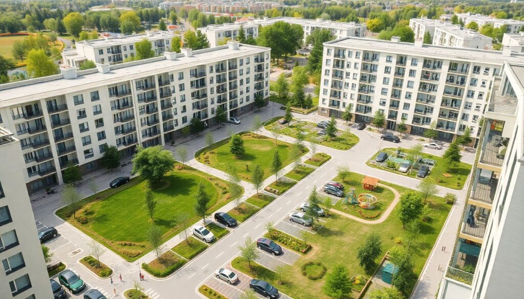 Гармония зелени и строительства в районах - иллюстрация